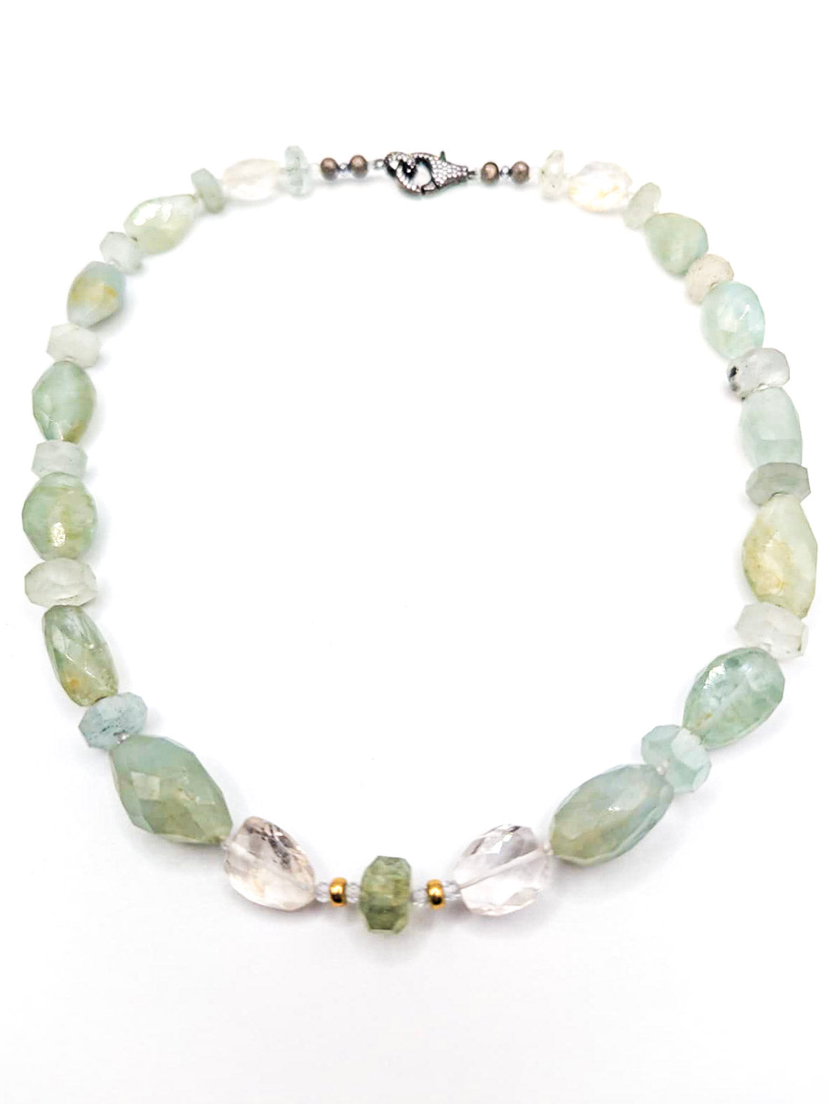 HAUTE : Aquamarine, Rock Crystal, Solid Gold, Silver & Oxidised Silver Hematite & Cubic Zirconia Pendant (Detachable) Necklace / H43