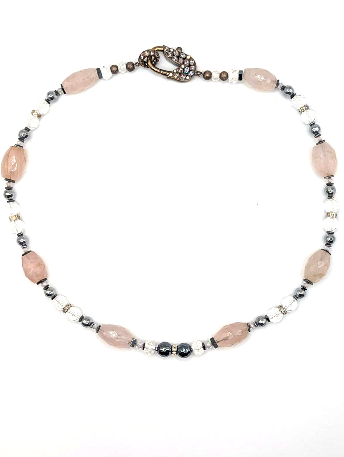 HAUTE : Art Deco - Rose Quartz, Rock Crystal, Hematite, CZ, Swarovski Crystal Necklace  w/ Limited Edition Art Deco Cubic Zirconia Clasp & optional Rose Quartz Star Pendant /H51AD*